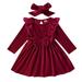 TOWED22 Holiday Baby Girl Outfit Toddler Girls Long Sleeve Dresses Solid Bowknot Princess Dress Headbands ( 9-12 M )