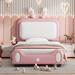 Twin Size PU Princess Bed Platform Bed with Cute Rabbit Design, White+Pink