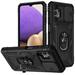 Military Grade Drop Impact for Samsung Galaxy A12 Camera Lens Slide Protection Case 360 Metal Rotating Ring Kickstand Holder Armor Shockproof Case For Samsung Galaxy A12 Black