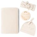 Konssy Baby Girl Newborn Receiving Blanket with Matching Headband and Beanie Set Baby Swaddle Nursery Swaddle Wrap(Beige)