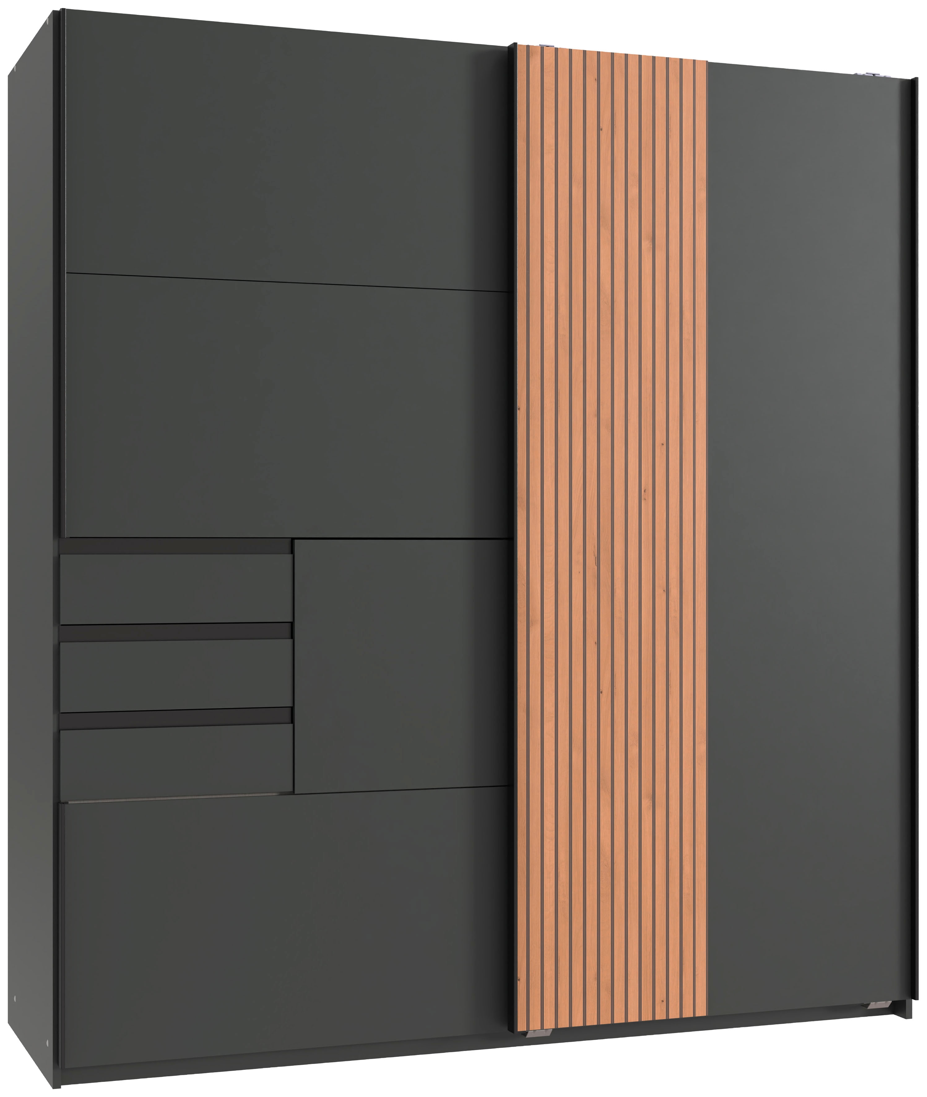 Schwebetürenschrank WIMEX "Coburg, Kleiderschrank Made in Germany", schwarz (graphit, akustiklamellen nachbildung artisan eiche nachbildung), B:180cm H:198cm T:65cm, Spanplatte, Schränke, mit Akustikpaneel Optik oder Holzoptik eichefarben, 180cm breit Image