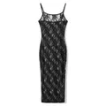 Robe mi-longue transparente à bretelles Spaghetti pour femmes, noire, Sexy, maille transparente, dentelle, robes florales, Chic, tenues de plage Y2K