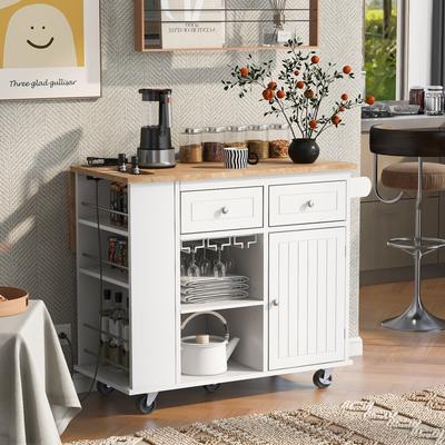 Moedrn Kitchen Island with Power Outlet,Open Storage and Wine Rack