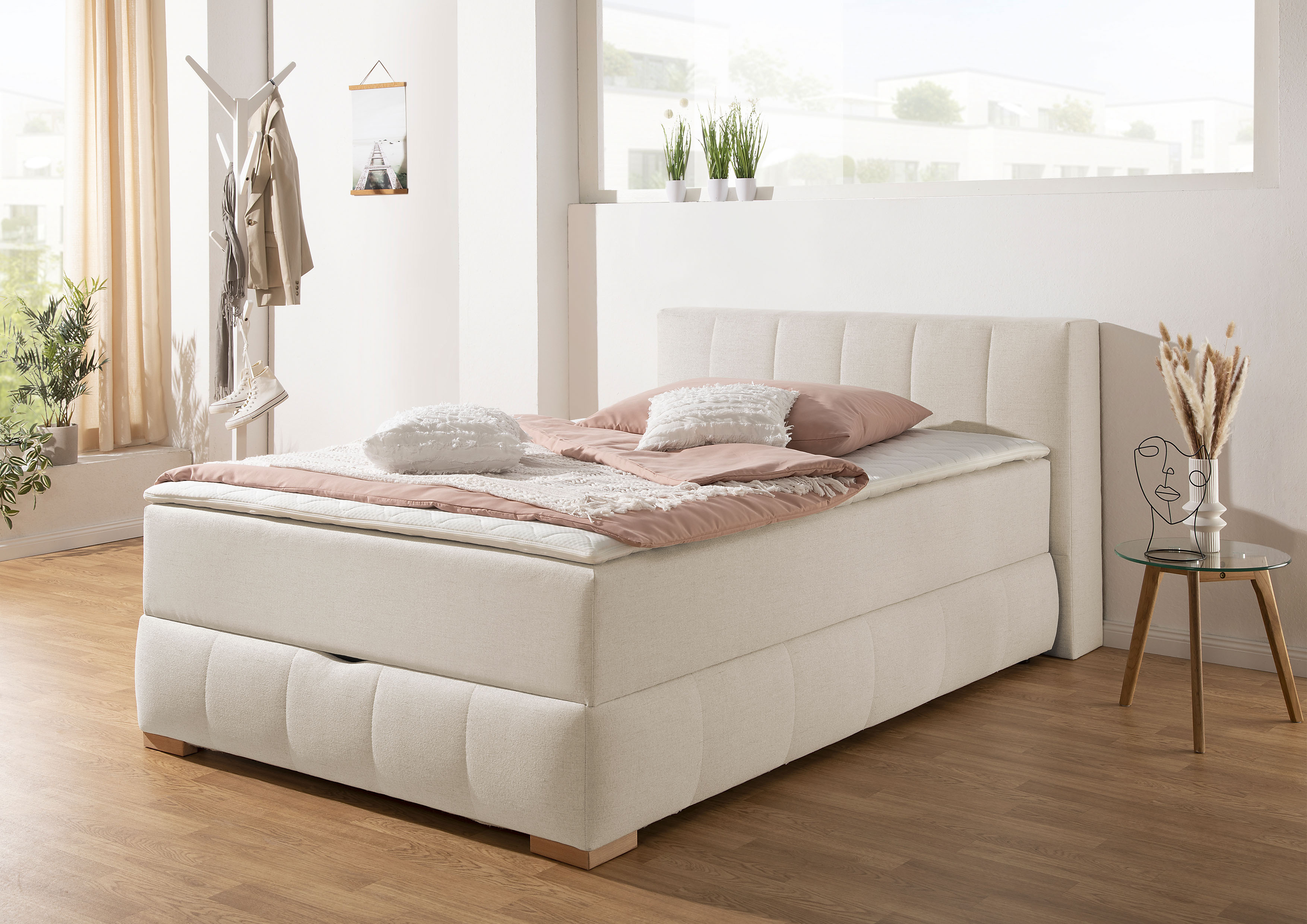 Boxbett HOME AFFAIRE "Chelles", beige (beige, natur), B:147cm L:225cm, Komplettbetten, inkl. Topper und Bettkasten Image