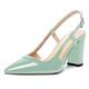 AMBELIGHT Women Pointed Toe Patent 3.3 Inch High Heel Slingback Wedding Block Buckle Dress Court Shoes Turquoise Size 7.5