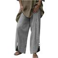 Womens Plus Size Linen Wide Leg Pants Casual Elastic Waist Split Button Bottom Palazzo Trousers with Pockets (3X-Large Gray)
