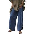 Womens Plus Size Linen Wide Leg Pants Casual Elastic Waist Split Button Bottom Palazzo Trousers with Pockets (5X-Large Navy)