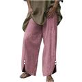 Womens Plus Size Linen Wide Leg Pants Casual Elastic Waist Split Button Bottom Palazzo Trousers with Pockets (X-Large Pink)