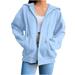 Besolor Women s Zip up Hoodies Teen Girls Oversized Sweatshirt Fall Winter Casual Drawstring Jacket Coats with Pockets Light Blue