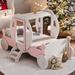 Twin size White+Pink Princess Carriage Bed with Crown,Wood Platform Car Bed with Stair