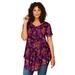 Plus Size Women's Swing Ultra Femme Tunic by Roaman's in Berry Shadow Bouquet (Size 26/28) Short Sleeve V-Neck Shirt