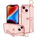 Compatible with iPhone 14 Case 6.1 Inch Cute Heart Pattern for Women Girls Soft Plating Bumper Anti-Scratch Protective Cover with Wrist Strap Band Kickstand Holder-Pink