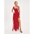 Robe de cocktail longue à volants pour femmes tenue de soirée couleur unie noire et rouge