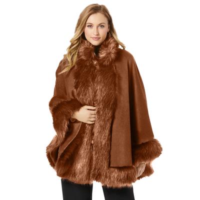 Plus Size Women's Faux Fur Trim Wool Cape by Jessica London in Cognac (Size 22/24) Wool Poncho Hook and Eye Closure