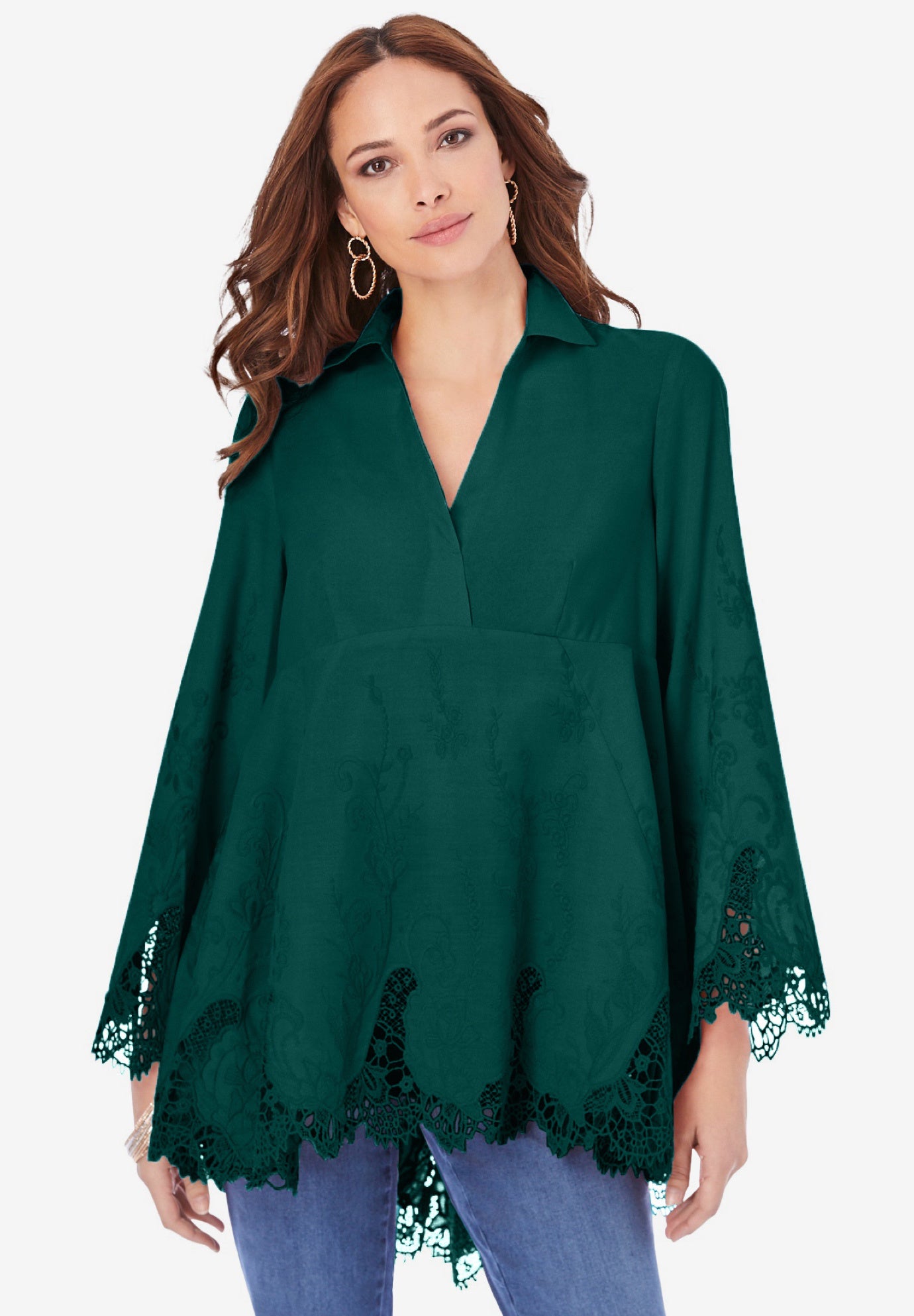 Plus Size Women's Poplin Embroidered Swing Tunic by Roaman's in Emerald Green (Size 20 W) Long Shirt Blouse