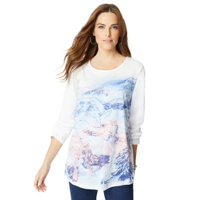 Plus Size Women's Travel Graphic Long-Sleeve Tee by Roaman's in White Winter Print (Size 12)