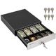 Mini Cash Register Drawer for Point of Sale (POS) System with 4 Bill 5 Coin Cash Tray, Black and Stainless Steel Front Cash Drawers, Removable Coin Compartment, 24V, RJ11/RJ12 Key-Lock, Media Slot