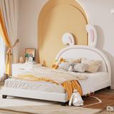 Full Size Upholstered Leather Platform Bed with Rabbit Ornament - Cute Design for Kids & Girls