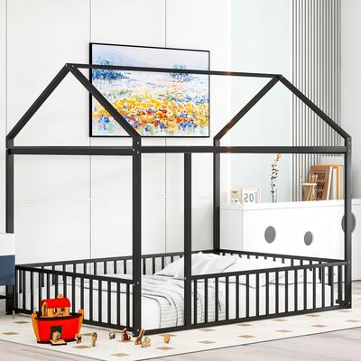 House Bed with Rails, Metal Floor Bed for Kids, Montessori Bed Frame with Roof, Twin Playhouse Beds for Boys Girl