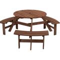 Royard Oaktree 6-Person Circular Picnic Table Outdoor Picnic Table with 3 Built-in Benches and Umbrella Hole Wooden Table and Bench Set for Garden Backyard Porch Patio Brown