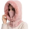 BNYhome Women Fleece Beanie Hat Scarf Mask Drawstring Winter Warm Hooded Balaclava Knitted Hat for Outdoor Pink