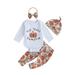 Sunisery Baby Girls 4PCS Halloween Pants Sets White Long Sleeve Letter Print Romper Pumpkin Print Pants Hat Headband Sets