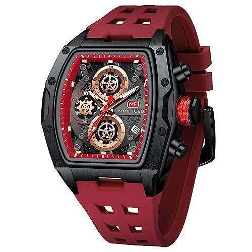 MF MINI FOCUS Watch for Men Wristwatch Fashion Hollow Big Dial Luminous Waterproof Sport Analog Quartz Business Chronograph Mens Watches Blue Silicon Strap Dress Watch（0473 Red, P-Red, Leisure Sports