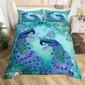 Peacock Comforter Cover Bohemian Duvet Cover Set Exotic Birds Animals Bedding Set Navy Blue Feather Teal Floral Fresh Natural Bedspread Cover With 2 Pillow Case Bedroom Decor King Size Pastel