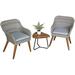 Outdoor 3-Piece Bistro Set with Seat Cushion Two Chairs Wood Top Side Table Gray Wicker with Wood Leg