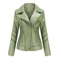 Zpanxa Winter Jackets for Women Slim Leather Jackets Stand-Up Collar Zipper Motorcycle Biker Coat Stitching Solid Color Coat Outwear Green 4XL