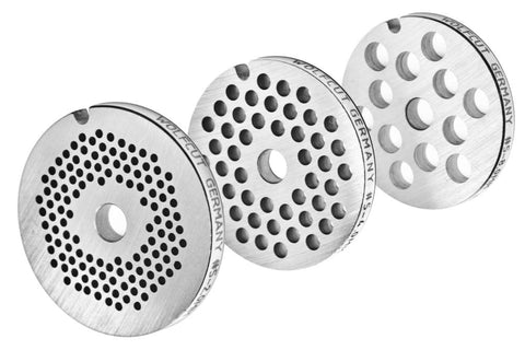 WOLFCUT Fleischwolfscheibensatz 2 mm + 4 mm + 8 mm Bohrung kompatibel mit allen gängigen Fleischwolf Marken Größe 5 Image
