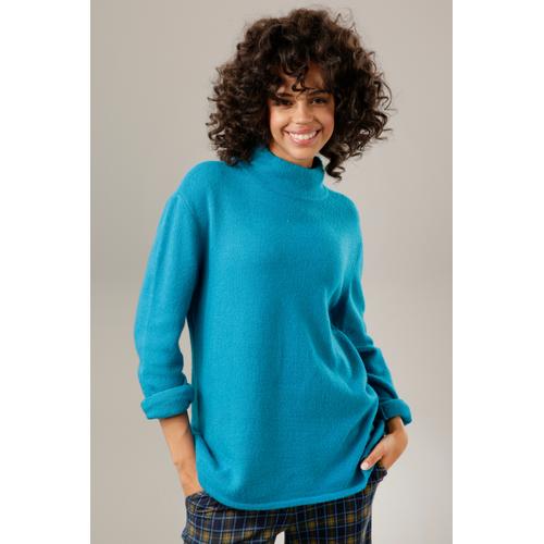 Strickpullover ANISTON CASUAL Gr. 42, blau (petrol) Damen Pullover mit Stehkragen Bestseller