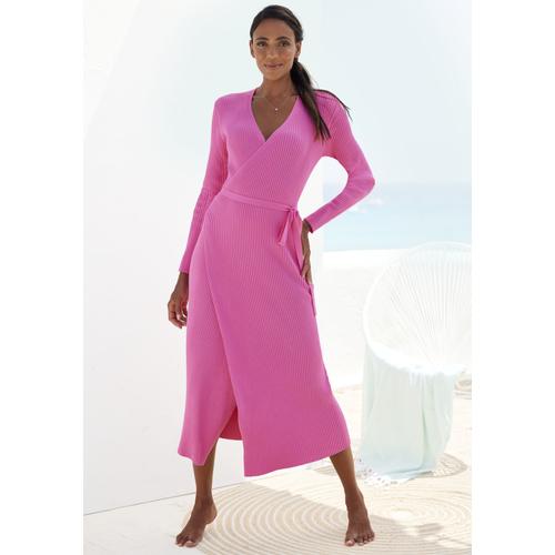 Strickkleid LASCANA Gr. 36/38, N-Gr, pink Damen Kleider Loungekleid zum wickeln mit Taillengürtel, Loungewear