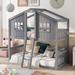 Wood Frame House Bed with Roof and Window, Twin Over Twin Bunk Bed Wood Bed with Ladder and Guardrails