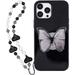 Glossy Black Butterfly Phone Case Compatible with iPhone 12 Pro Korea Cute 3D Black Dream Butterfly Phone Cover with Butterfly Hold Stand Black White Heart Bead Chain for Women Girls