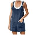 ZQGJB Sales Jumpsuits for Women Dressy 2023 Clearance Summer Plus Size Linen Short Overalls Casual Bowknot Adjustable Suspender Shorts Solid Color Rompers with Pockets #04-Navy XXXXXL