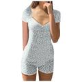 JWZUY Women s Short Sleeve Playsuit Floral Jumpsuits Button Up Sweetheart Neck Rompers Shorts Light Blue L