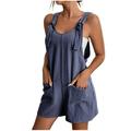 ZQGJB Savings Jumpsuits for Women Dressy 2023 Clearance Summer Plus Size Linen Short Overalls Casual Bowknot Adjustable Suspender Shorts Solid Color Rompers with Pockets #01-Navy M