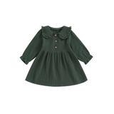 Qtinghua Toddler Baby Girls Long Sleeve Dress Casual Lapel Collar Buttons Ruched A line Princess Party Dress Green 4-5 Years