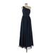 Azazie Cocktail Dress - A-Line One Shoulder Sleeveless: Blue Solid Dresses - Women's Size P