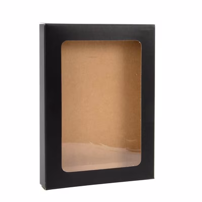 A1 Size Black Kraft Paper Boxes with Attached Clear Window - Great for A1 Greeting Cards Box Size: 3 3/4" x 5/8" x 5 3/16" 25 Boxes |