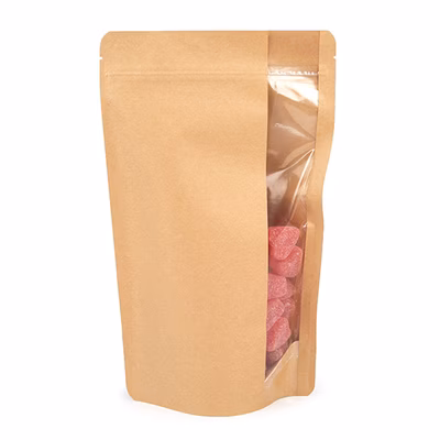 Kraft Stand Up Zipper Pouch w/ Vertical Window 6 3/4" x 3 1/2" x 11 1/4" 100 pack