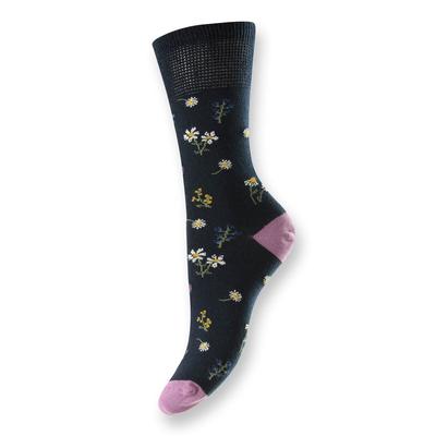 Floral Motif Cotton 4-7 Socks 3Pack Navy
