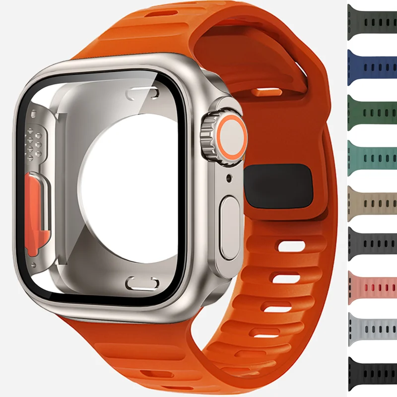 Silikon armband gehäuse für Apple Uhrengehäuse 44mm 45mm 40mm 41mm Abdeckung aus gehärtetem Glas wechseln zu Ultra für iwatch Serie 8 7 se 6 5 3 Image