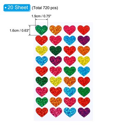720 Pcs Heart Reward Stickers, 20 Sheet Colorful Sticker, Multicolor