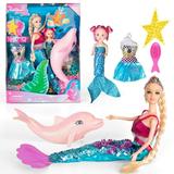 Mermaid Princess Doll with Little Mermaid and Pink Dolphin Playset Blonde Hair Mermaid Toys with Accessories Gift for 3 to 7 Year Old Girls