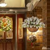 Xmas Hanging Flower Pre-Lit Artificial Christmas Hanging Basket Flocked with Mixed Decorations with Lights Artificial Christmas