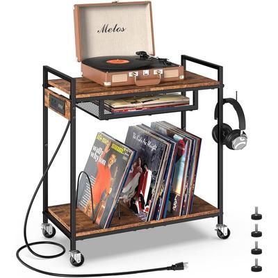 2 Tier Vinyl Record Player Table Stand with Charging Station