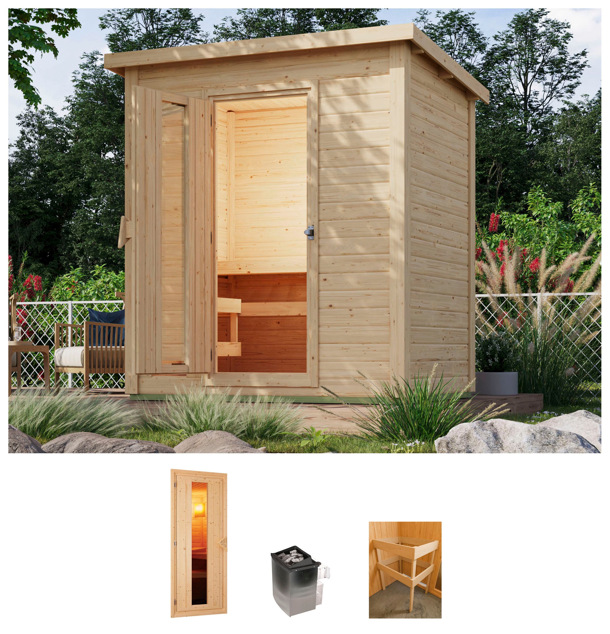 Saunahaus KARIBU "Talo 1", beige (naturbelassen), Saunaofen, integrierte Steuerung, 9 kW, Saunen, Ofen 9 kW, integrierte Steuerung Image