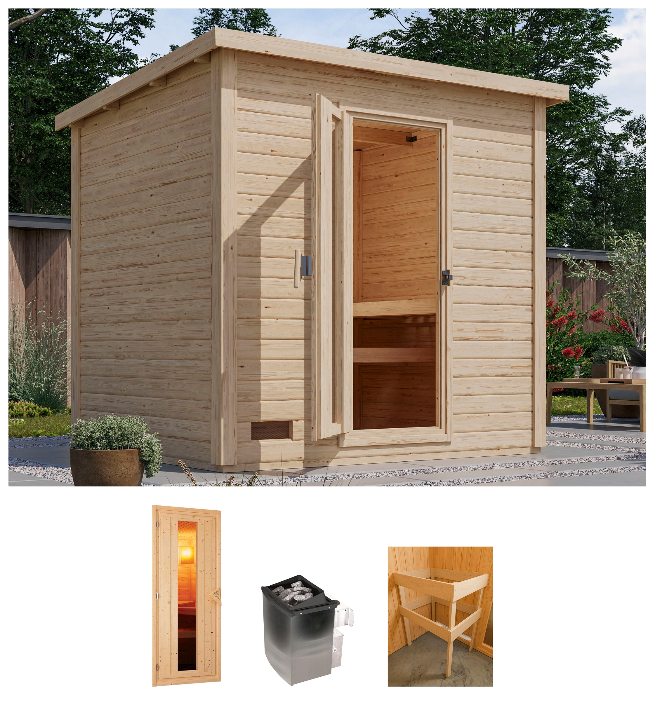 Saunahaus KARIBU "Talo 3", beige (naturbelassen), Saunaofen, integrierte Steuerung, 9 kW, Saunen, Ofen 9 kW integr. Strg